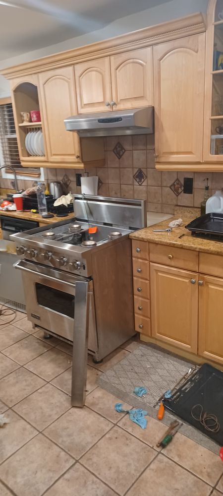 Gas range set up for service in a home kitchen